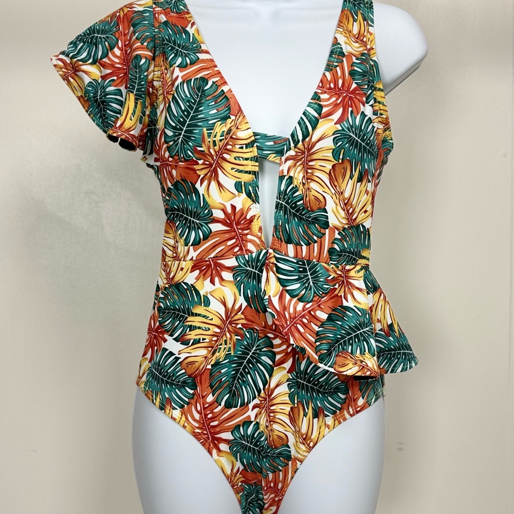 Tropical Print One-Shoulder Women Bathing Suit